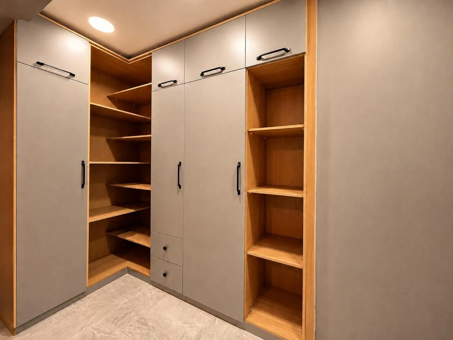 Dressing Room: open fitted wardrobe with shelves and hanging storage (view 1)